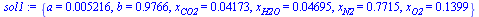 {a = 0.5216e-2, b = .9766, x[CO2] = 0.4173e-1, x[H2O] = 0.4695e-1, x[N2] = .7715, x[O2] = .1399}