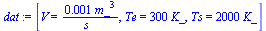 [V = `+`(`/`(`*`(0.1e-2, `*`(`^`(m_, 3))), `*`(s_))), Te = `+`(`*`(300, `*`(K_))), Ts = `+`(`*`(2000, `*`(K_)))]