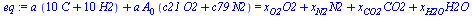 `+`(`*`(a, `*`(`+`(`*`(10, `*`(C)), `*`(10, `*`(H2))))), `*`(a, `*`(A[0], `*`(`+`(`*`(c21, `*`(O2)), `*`(c79, `*`(N2))))))) = `+`(`*`(x[O2], `*`(O2)), `*`(x[N2], `*`(N2)), `*`(x[CO2], `*`(CO2)), `*`(x...