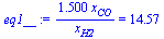 `+`(`/`(`*`(1.500, `*`(x[CO])), `*`(x[H2]))) = 14.57