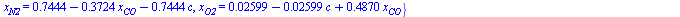 {a = `+`(0.3822e-1, `-`(`*`(0.1911e-1, `*`(x[CO]))), `-`(`*`(0.3822e-1, `*`(c)))), x[CO2] = `+`(`-`(`*`(1.057, `*`(x[CO]))), .1146, `-`(`*`(.1146, `*`(c)))), x[H2O] = `+`(`*`(.8853, `*`(c)), .1146, `-...
