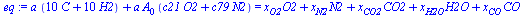 `+`(`*`(a, `*`(`+`(`*`(10, `*`(C)), `*`(10, `*`(H2))))), `*`(a, `*`(A[0], `*`(`+`(`*`(c21, `*`(O2)), `*`(c79, `*`(N2))))))) = `+`(`*`(x[O2], `*`(O2)), `*`(x[N2], `*`(N2)), `*`(x[CO2], `*`(CO2)), `*`(x...