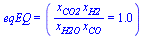 eqEQ = (`/`(`*`(x[CO2], `*`(x[H2])), `*`(x[H2O], `*`(x[CO]))) = 1.0)