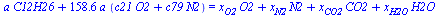 `+`(`*`(a, `*`(C12H26)), `*`(158.6, `*`(a, `*`(`+`(`*`(c21, `*`(O2)), `*`(c79, `*`(N2))))))) = `+`(`*`(x[O2], `*`(O2)), `*`(x[N2], `*`(N2)), `*`(x[CO2], `*`(CO2)), `*`(x[H2O], `*`(H2O)))
