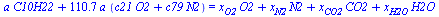 `+`(`*`(a, `*`(C10H22)), `*`(110.7, `*`(a, `*`(`+`(`*`(c21, `*`(O2)), `*`(c79, `*`(N2))))))) = `+`(`*`(x[O2], `*`(O2)), `*`(x[N2], `*`(N2)), `*`(x[CO2], `*`(CO2)), `*`(x[H2O], `*`(H2O)))