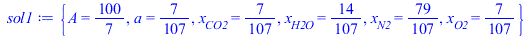 Typesetting:-mprintslash([sol1 := {A = `/`(100, 7), a = `/`(7, 107), x[CO2] = `/`(7, 107), x[H2O] = `/`(14, 107), x[N2] = `/`(79, 107), x[O2] = `/`(7, 107)}], [{A = `/`(100, 7), a = `/`(7, 107), x[CO2...