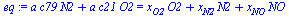 `+`(`*`(a, `*`(c79, `*`(N2))), `*`(a, `*`(c21, `*`(O2)))) = `+`(`*`(x[O2], `*`(O2)), `*`(x[N2], `*`(N2)), `*`(x[NO], `*`(NO)))