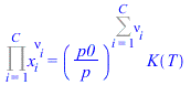 Product(`^`(x[i], nu[i]), i = 1 .. C) = `*`(`^`(`/`(`*`(p0), `*`(p)), Sum(nu[i], i = 1 .. C)), `*`(K(T)))