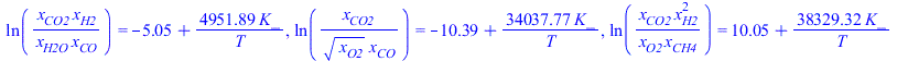 ln(`/`(`*`(x[CO2], `*`(x[H2])), `*`(x[H2O], `*`(x[CO])))) = `+`(`-`(5.054826310), `/`(`*`(4951.888382, `*`(K_)), `*`(T))), ln(`/`(`*`(x[CO2]), `*`(`^`(x[O2], `/`(1, 2)), `*`(x[CO])))) = `+`(`-`(10.392...