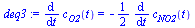 diff(c[O2](t), t) = `+`(`-`(`*`(`/`(1, 2), `*`(diff(c[NO2](t), t)))))
