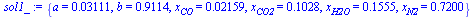 {a = 0.3111e-1, b = .9114, x[CO] = 0.2159e-1, x[CO2] = .1028, x[H2O] = .1555, x[N2] = .7200}