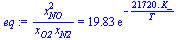 `/`(`*`(`^`(x[NO], 2)), `*`(x[O2], `*`(x[N2]))) = `+`(`*`(19.83, `*`(exp(`+`(`-`(`/`(`*`(0.2172e5, `*`(K_)), `*`(T))))))))