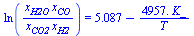 ln(`/`(`*`(x[H2O], `*`(x[CO])), `*`(x[CO2], `*`(x[H2])))) = `+`(5.087, `-`(`/`(`*`(4957., `*`(K_)), `*`(T))))