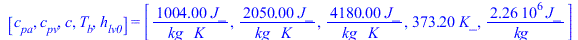 [c[pa], c[pv], c, T[b], h[lv0]] = [`+`(`/`(`*`(1004., `*`(J_)), `*`(kg_, `*`(K_)))), `+`(`/`(`*`(2050., `*`(J_)), `*`(kg_, `*`(K_)))), `+`(`/`(`*`(4180., `*`(J_)), `*`(kg_, `*`(K_)))), `+`(`*`(373.2, ...