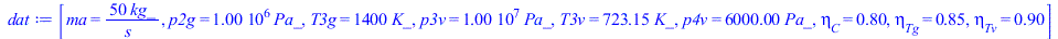 Typesetting:-mprintslash([dat := [ma = `+`(`/`(`*`(50, `*`(kg_)), `*`(s_))), p2g = `+`(`*`(0.1e7, `*`(Pa_))), T3g = `+`(`*`(1400, `*`(K_))), p3v = `+`(`*`(0.10e8, `*`(Pa_))), T3v = `+`(`*`(723.15, `*`...
