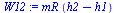 `:=`(W12, `*`(mR, `*`(`+`(h2, `-`(h1)))))